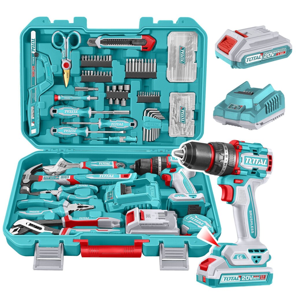 Set Taladro Percutor 20V 66Nm Brushless + Herramientas Manuales — 166 Piezas con Maletín