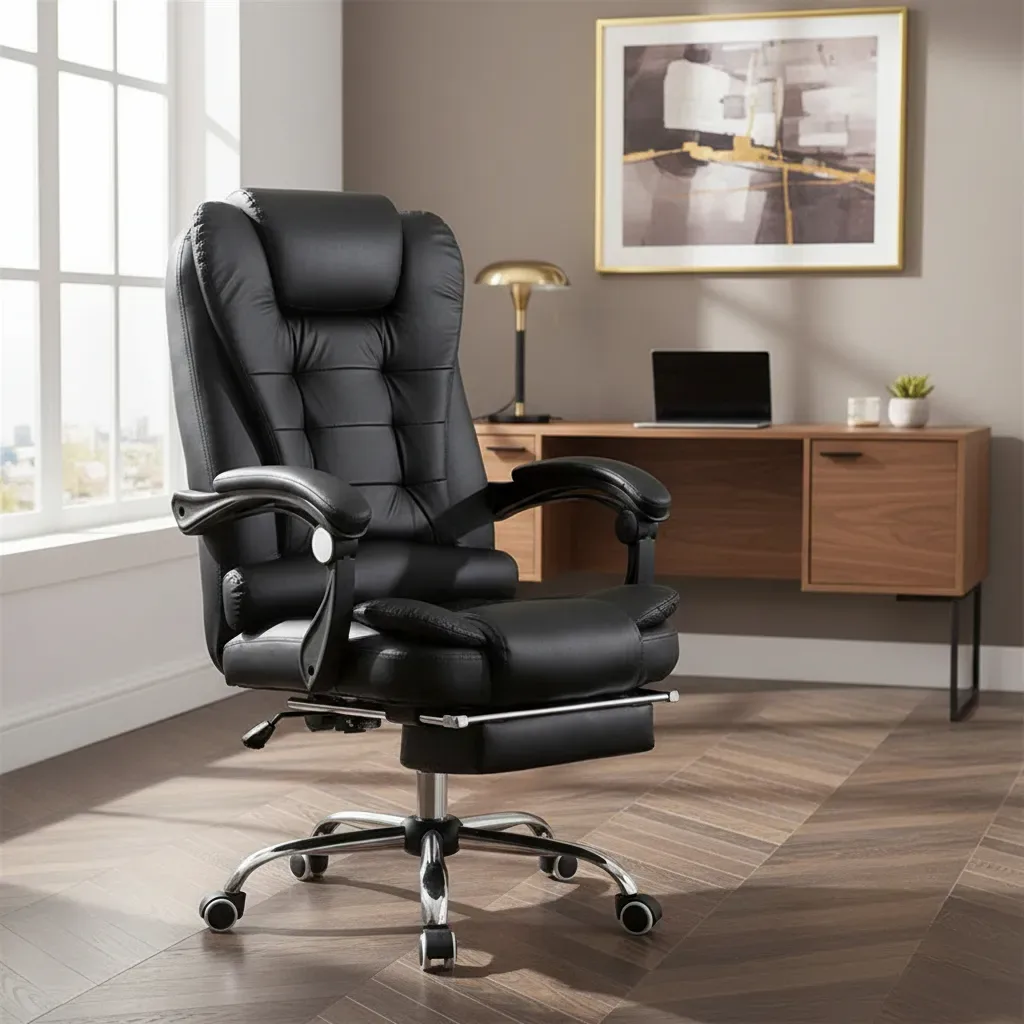 Silla Sillón Gerencial Ejecutiva de Escritorio Oficina Reclinable Giratoria con Apoyapiés Cuero Sintético Negro